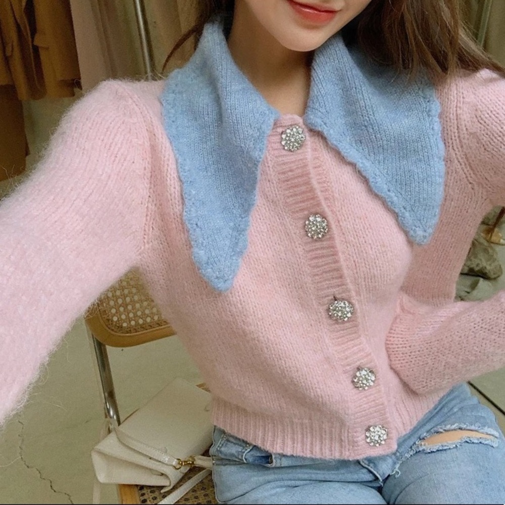 Cardigan sweater stone button pink blue collar short sweater knit - Picture 2 of 11